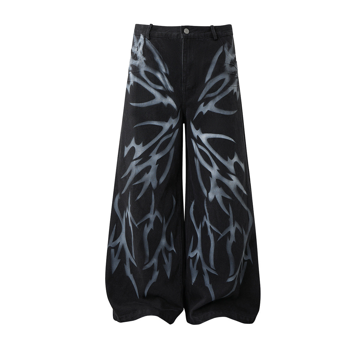 Black baggy wide-leg jeans with grey tribal spray-paint graphic on front and back panels