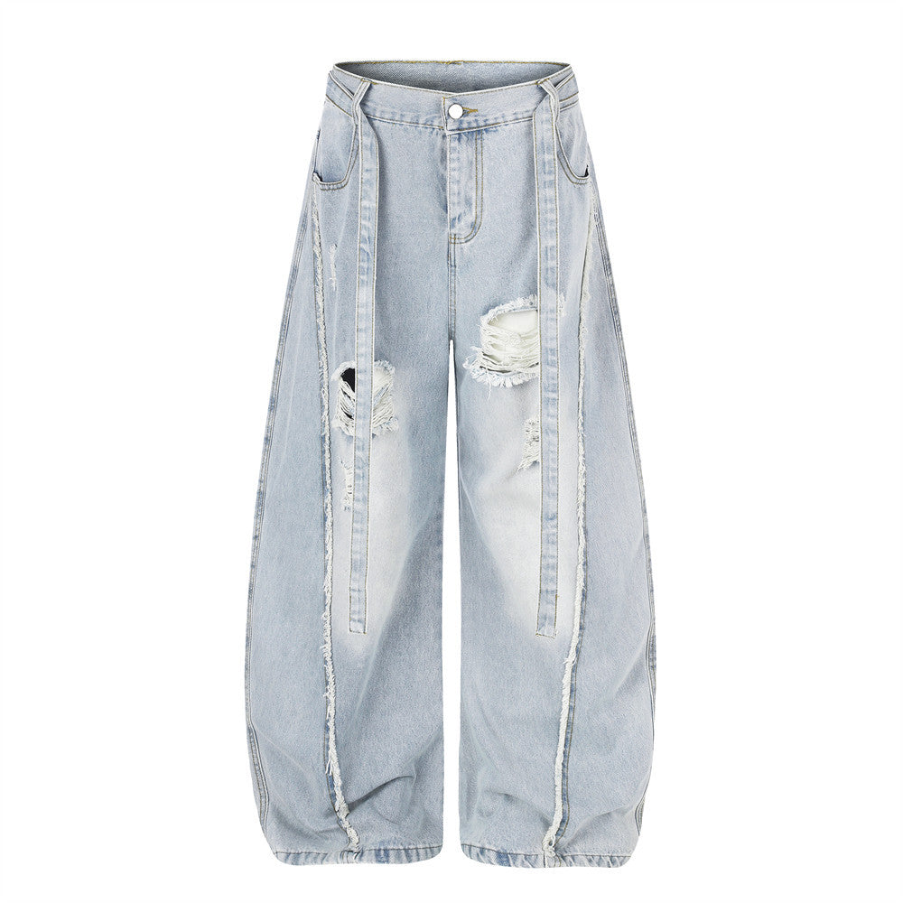 Light Wash Distressed Wide-Leg Jeans – Deconstructed Raw Edge Streetwear Denim
