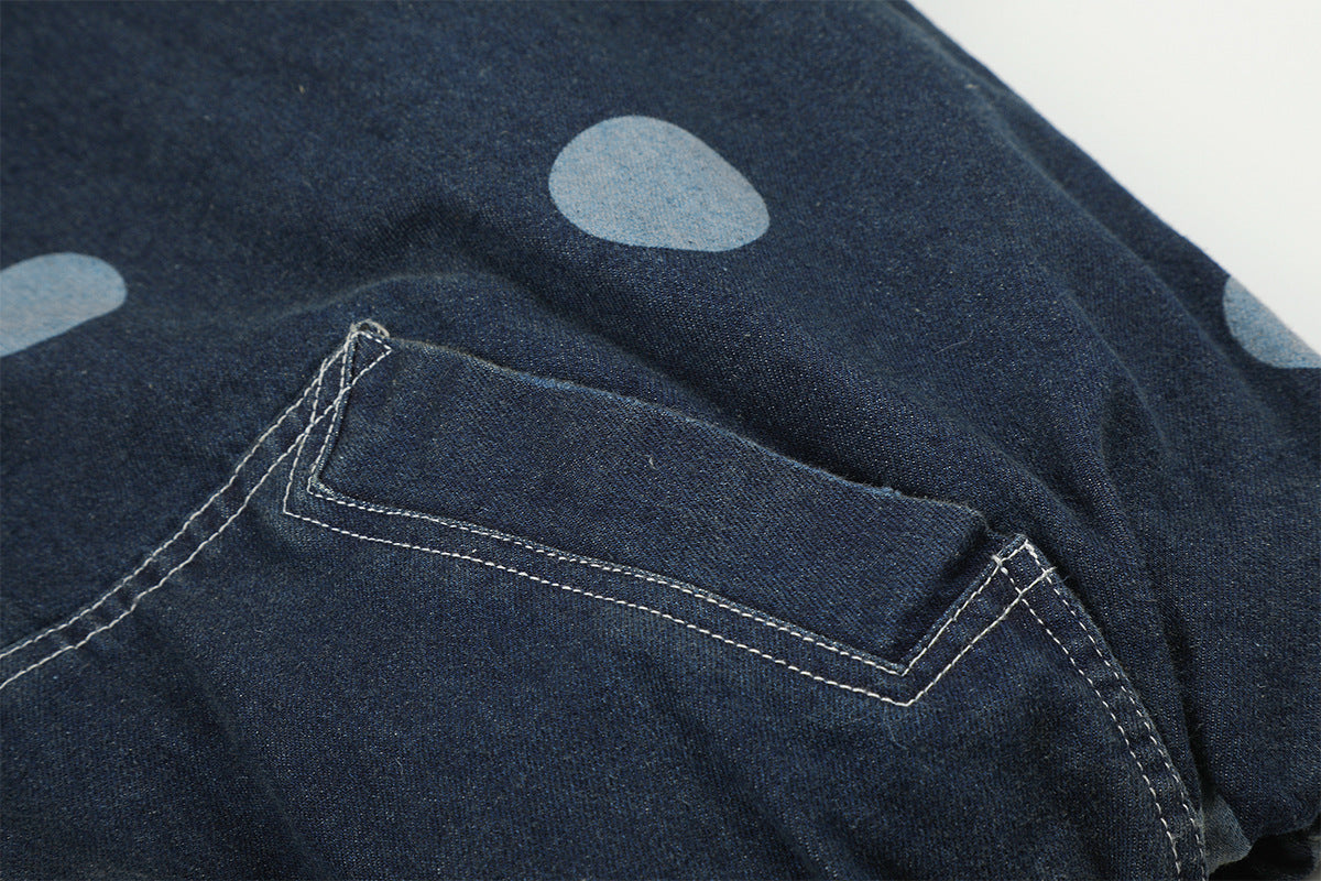 Polka Dot Denim Hooded Jacket with Sherpa Lining