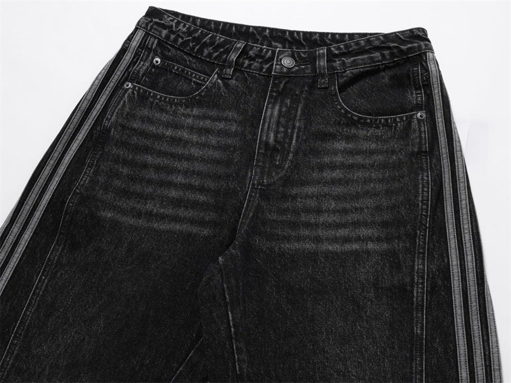 Wide Leg Dad Jeans – Washed Black Denim with Side Stripe Detail