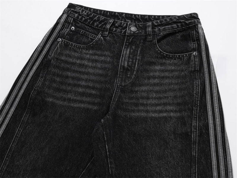 Wide Leg Dad Jeans – Washed Black Denim with Side Stripe Detail