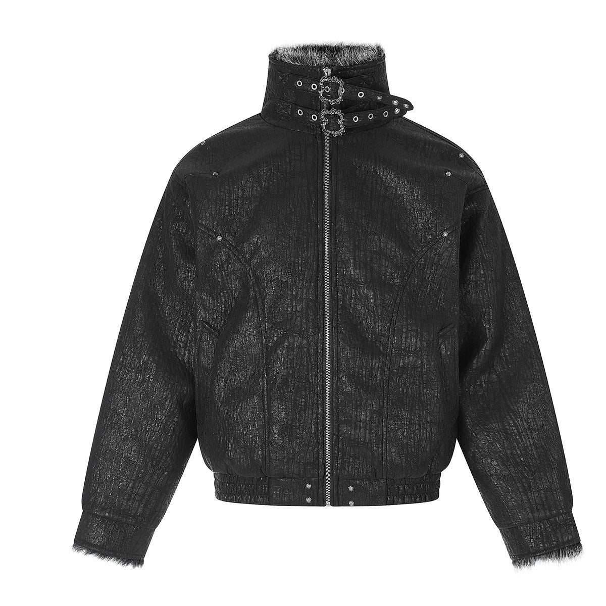 Faux Fur Trim Padded Bomber Jacket — Stand Collar with Buckle Detail