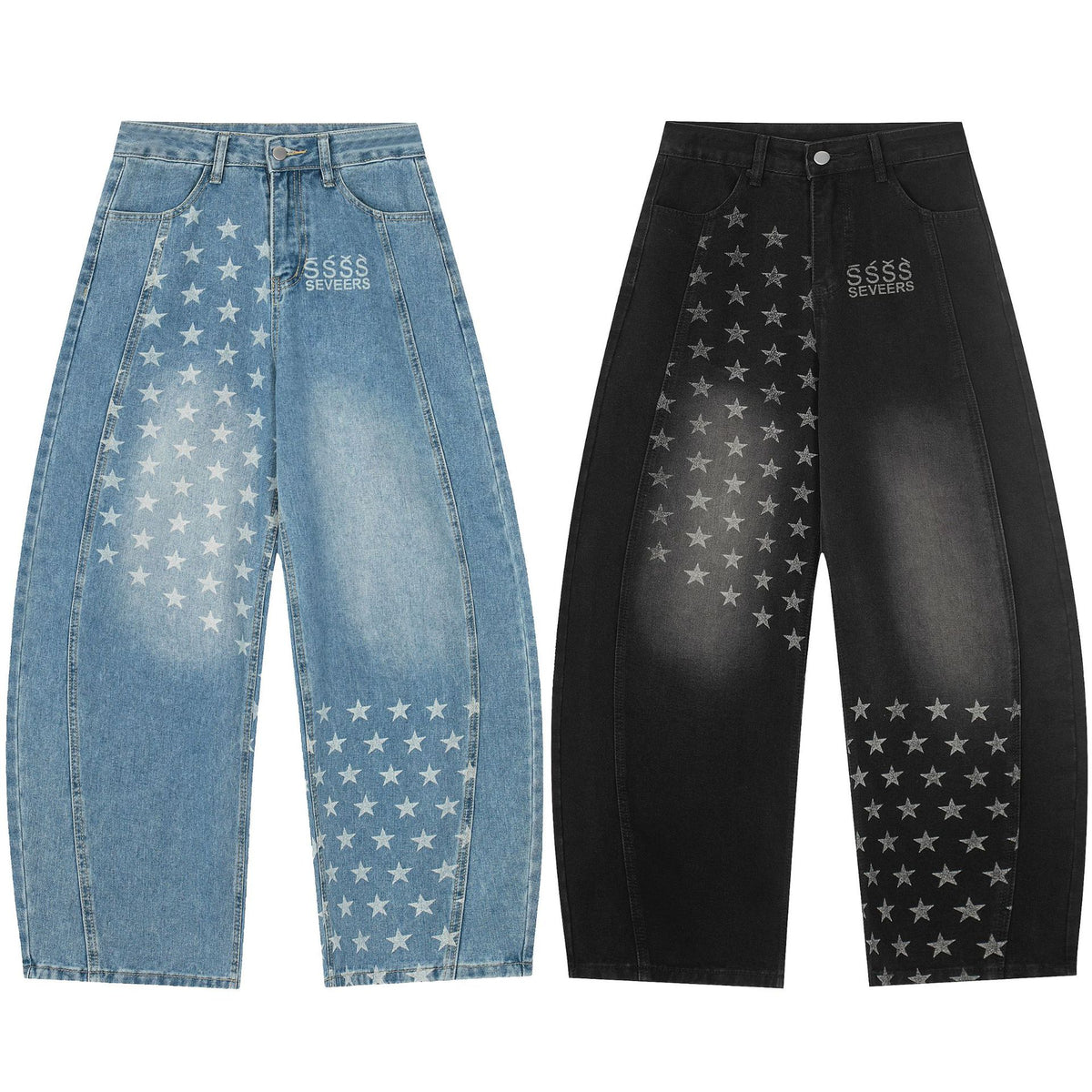 Baggy Star Print Jeans Wide-Leg Denim Pants