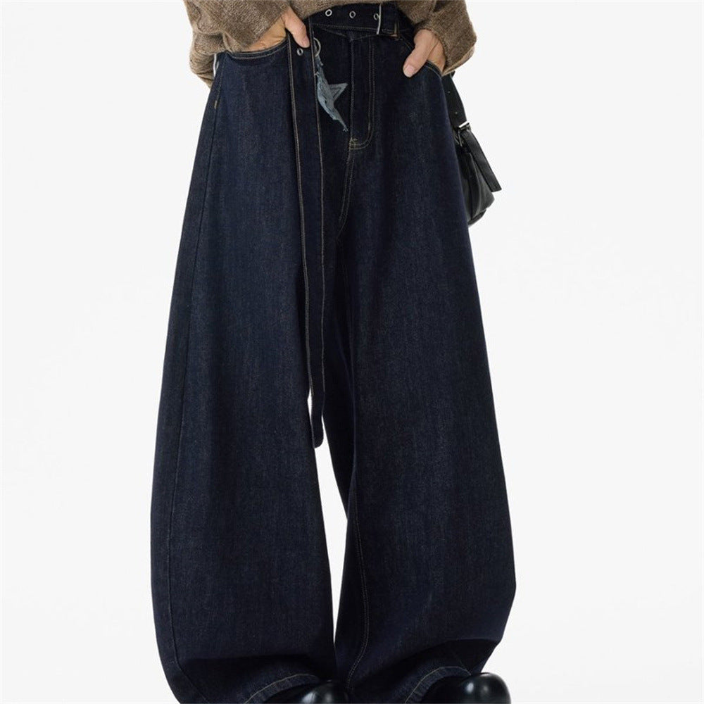 Wide-Leg Dark Indigo Jeans – Oversized Silhouette with Star Charm Belt &