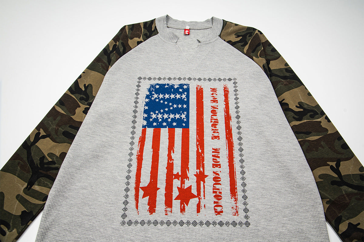 American Flag Camo Raglan Long-Sleeve Shirt – Waffle Knit Body, V-Notch Neck