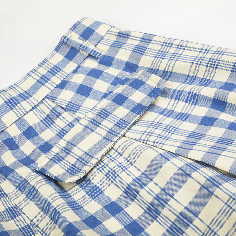 Wide-Leg Pleated Trousers in Blue Plaid Check