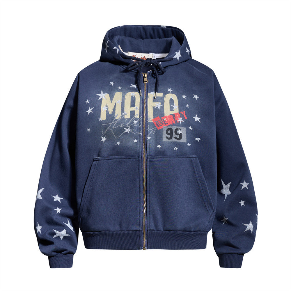 Sudadera con Capucha y Cremallera, Estampado de Estrellas, Corte Extragrande para Hombre