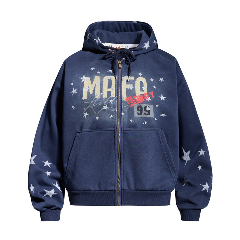 Sudadera con Capucha y Cremallera, Estampado de Estrellas, Corte Extragrande para Hombre