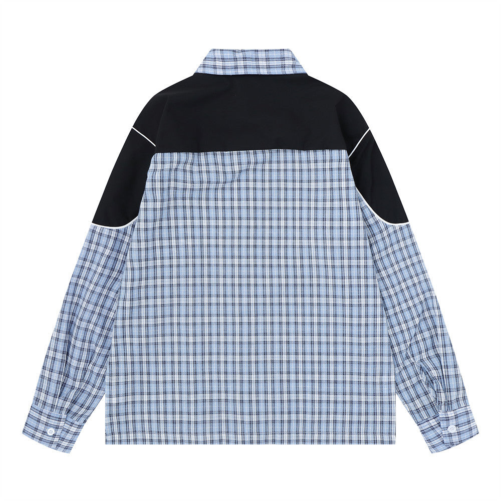 Plaid Long Sleeve Shirt with Colorblock Black Shoulder Panel and Crest