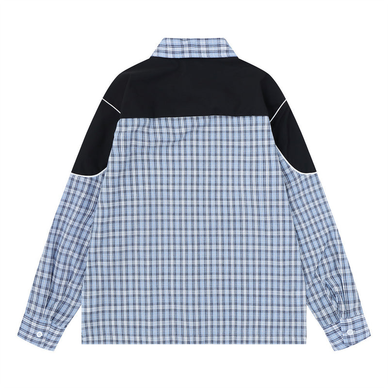 Plaid Long Sleeve Shirt with Colorblock Black Shoulder Panel and Crest