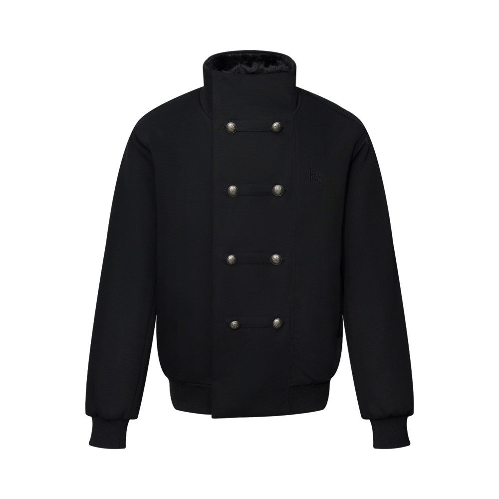 Men's double-breasted stand-collar fleece-lined jacket in black with antique metal buttons, front view