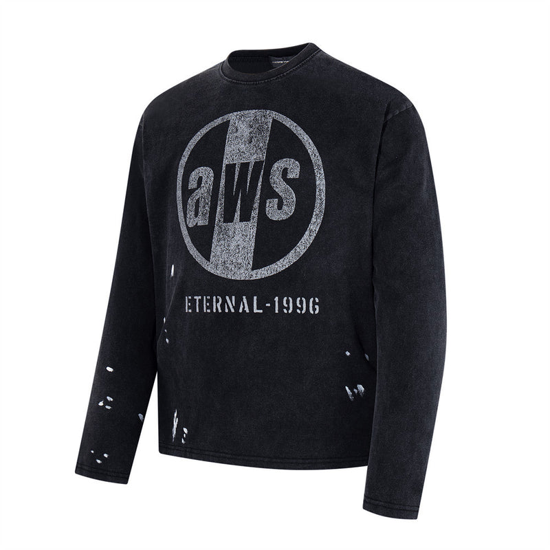 Long Sleeve Graphic Tee – AWS Eternal 1996 Circle Print, Distressed Washed Black