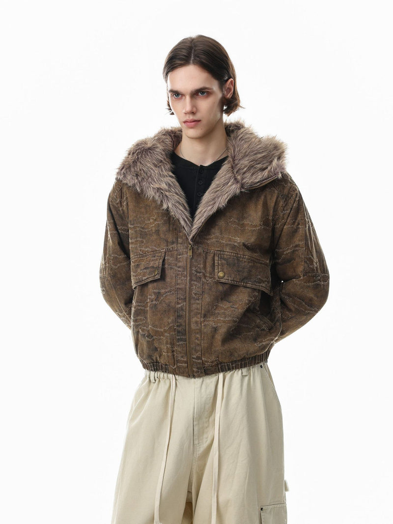 Camo Jacquard Padded Bomber Jacket with Faux Fur Hood