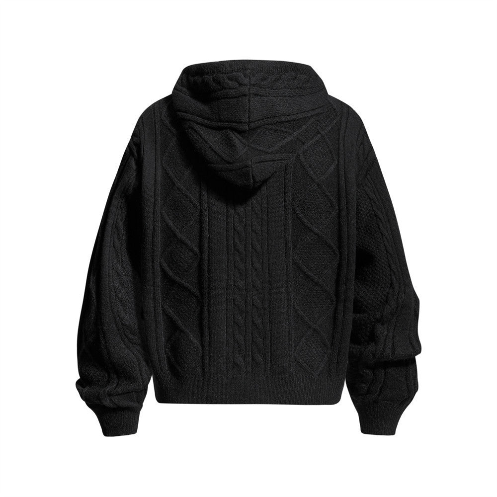 Sweat à capuche zippé en maille torsadée à motif losanges et capuche à cordon