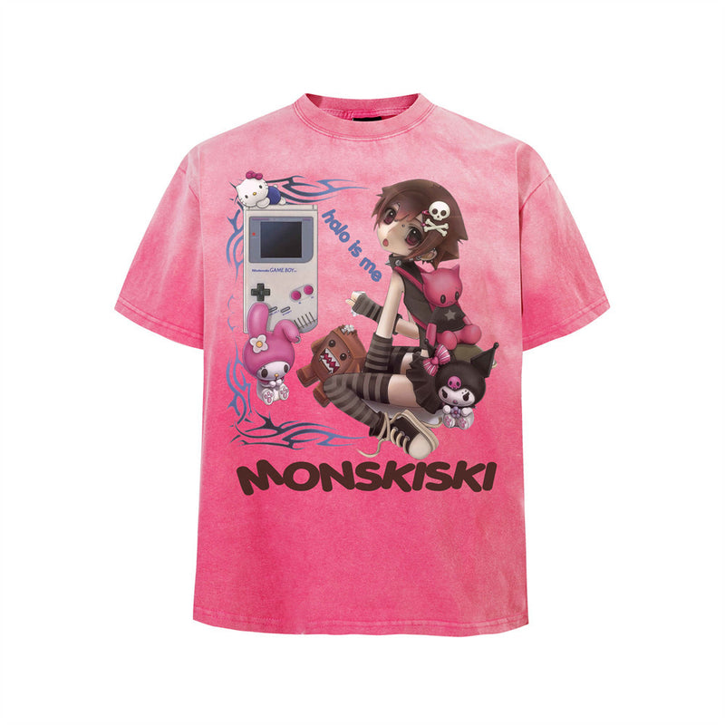 Anime Girl Graphic Acid Wash T-Shirt – Sanrio & Game Boy Print, Oversized Crew