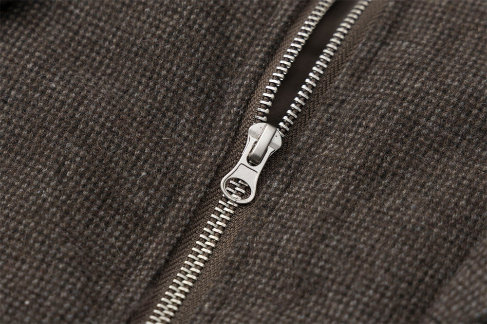 Men's Fur Collar Bomber Jacket – Houndstooth Wool-Blend with Cargo Pockets