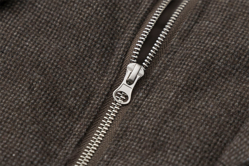 Men's Fur Collar Bomber Jacket – Houndstooth Wool-Blend with Cargo Pockets