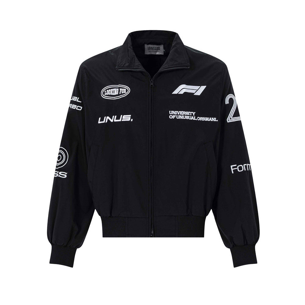 Men's oversized F1 racing graphic zip-up bomber jacket in black with multi-logo embroidery and ribbed cuffs