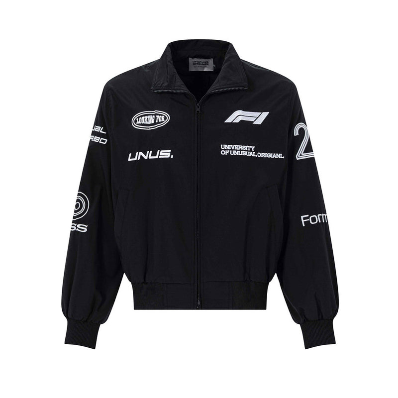 Men's oversized F1 racing graphic zip-up bomber jacket in black with multi-logo embroidery and ribbed cuffs