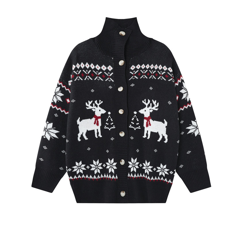 Christmas Reindeer Snowflake Knit Cardigan Sweater – Turtleneck Button-Front