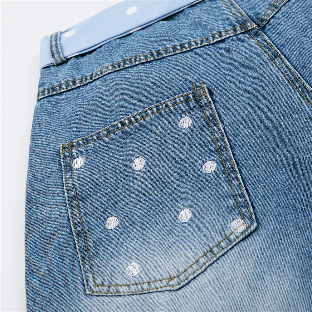 I Love RUNTENG Letter Print Wide-Leg Denim Shorts with Polka Dot Tie Detail