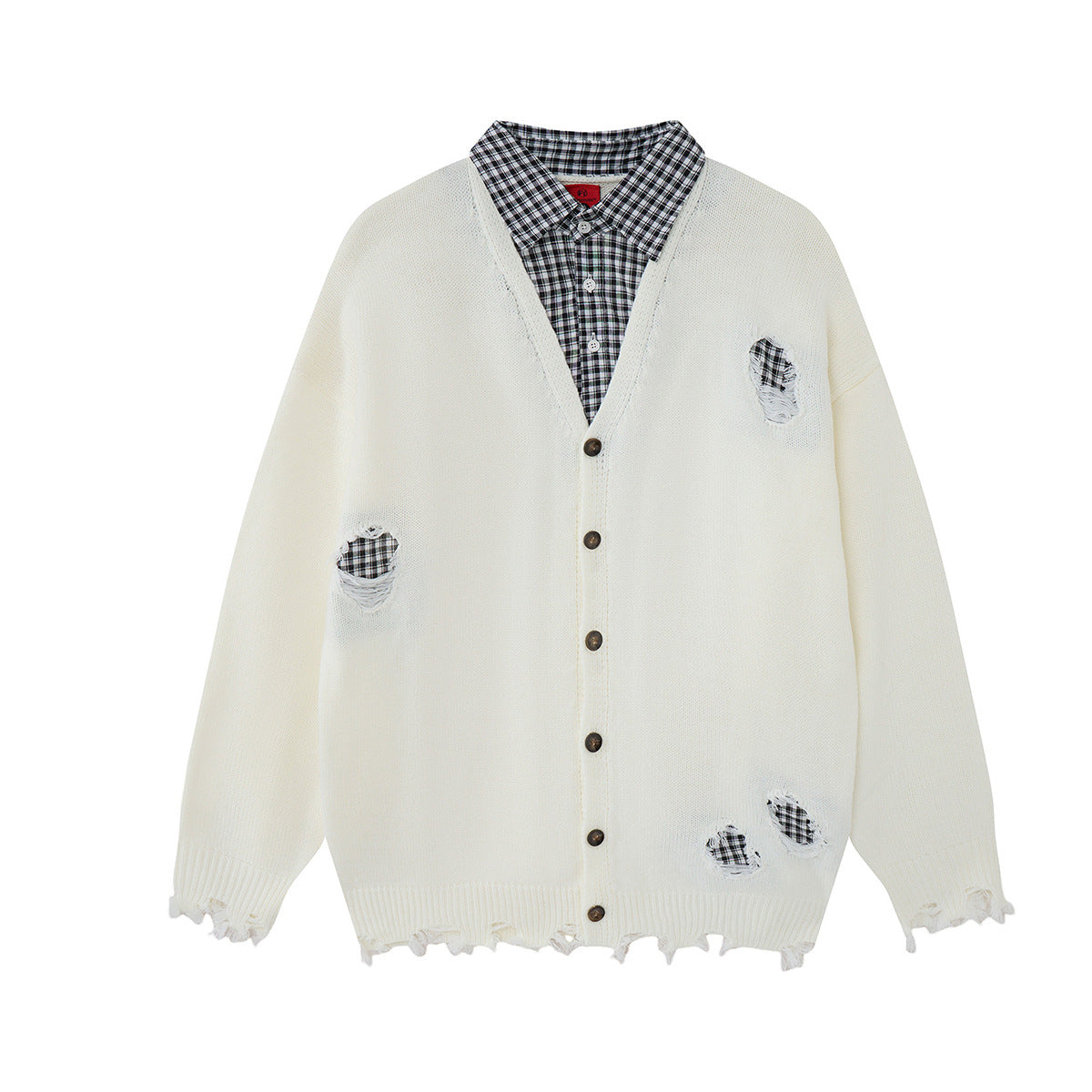 Cardigan en maille déstructurée à col tartan superposé