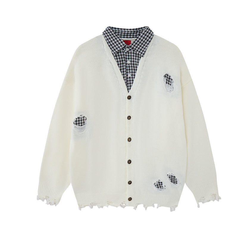 Cardigan en maille déstructurée à col tartan superposé