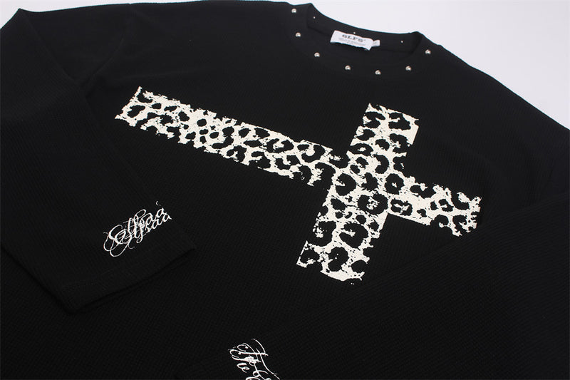 Men's Long Sleeve Shirt Leopard Cross Graphic Black Waffle-Knit Oversized Tee