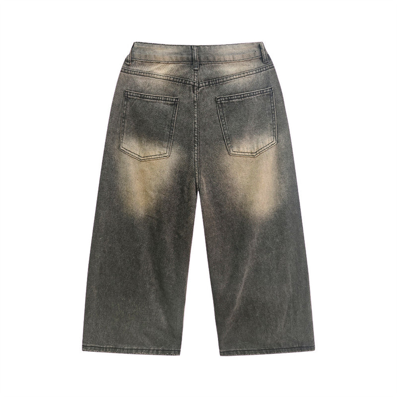 Vintage Washed Cargo Denim Shorts – Distressed Wide Leg Multi-Pocket