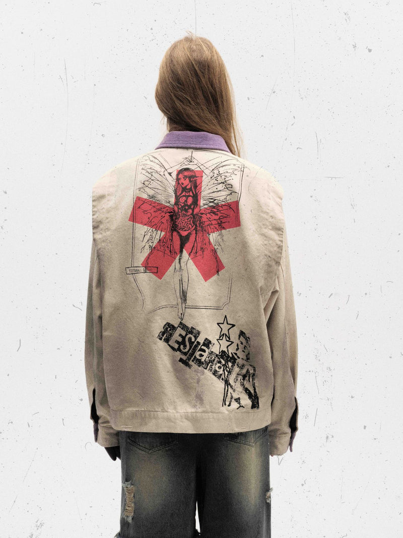 Veste zippée à imprimé graphique – Coton délavé effet usé, col violet et badge