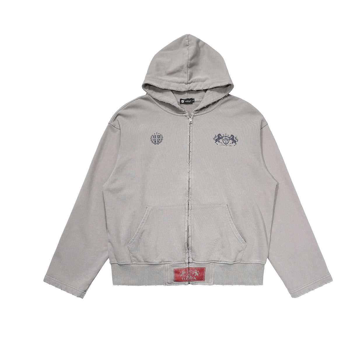 Zip-Up Cropped Hoodie Acid Wash Heraldic Crest Streetwear