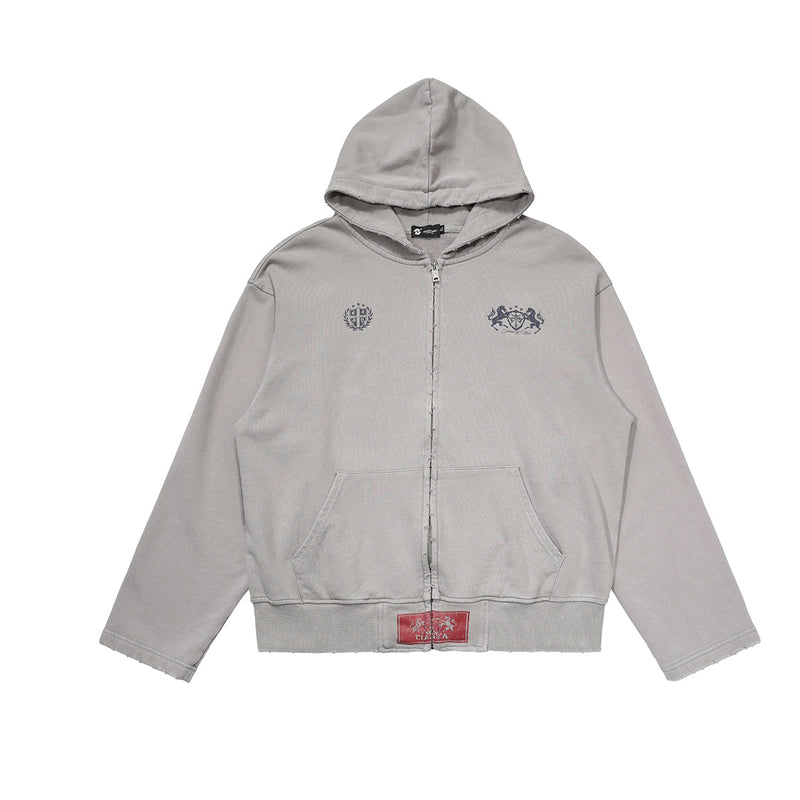 Zip-Up Cropped Hoodie Acid Wash Heraldic Crest Streetwear