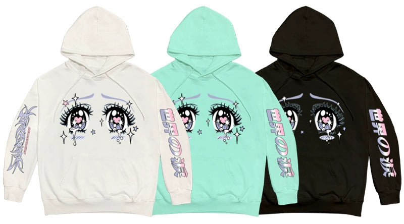 Displayed are three &quot;Seakoff&quot; hoodies: one in white, one in mint green, and one in black. Each Kawaii Aesthetic Crying Eyes Hoodie features a large eye design on the front and stylized text on the sleeves, perfect for fans of pastel and dark anime streetwear fashion.