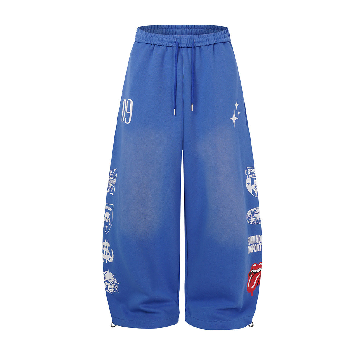 Wide-Leg Graphic Sweatpants – Streetwear Patch Print, Washed Finish