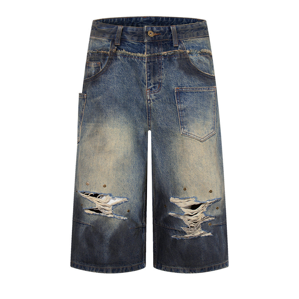 Ripped Wide-Leg Denim Shorts – Distressed Cargo Pocket Washed Jorts
