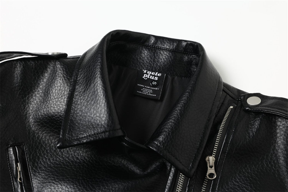 Men's Black PU Leather Moto Jacket – Asymmetric Double Zip & Belted Hem