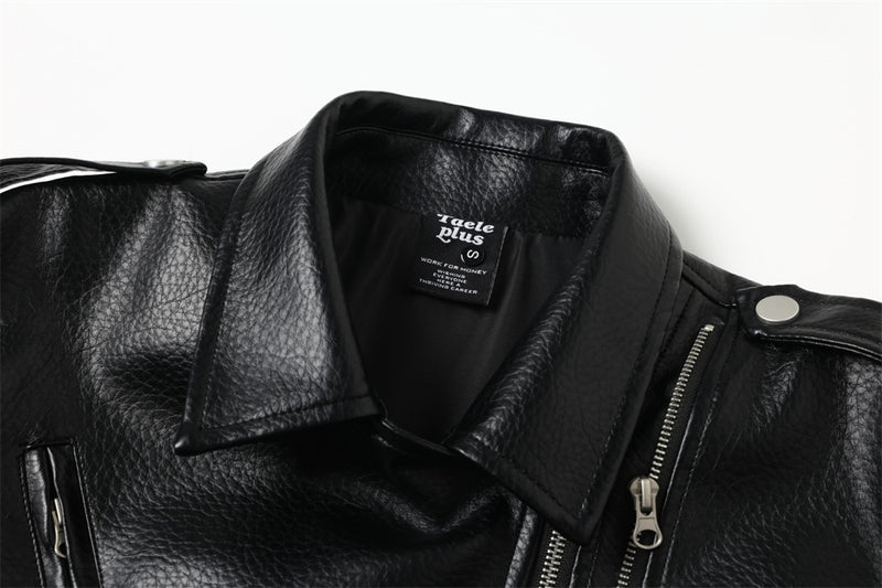 Men's Black PU Leather Moto Jacket – Asymmetric Double Zip & Belted Hem