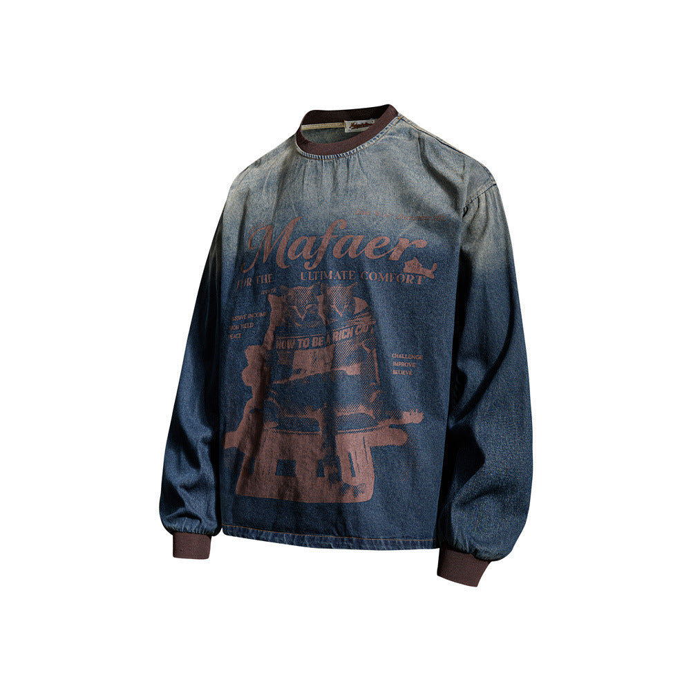 Oversized Vintage Washed Denim Crewneck Sweatshirt – Tie-Dye Fade Graphic Print