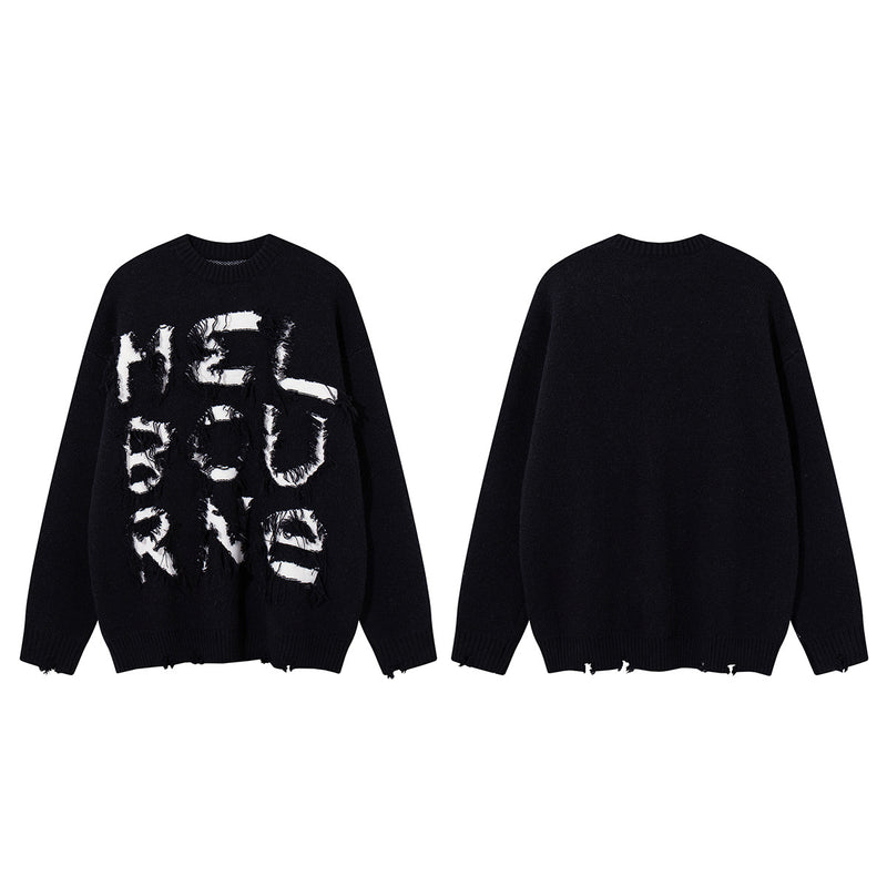 Melbourne Distressed Fringe Knit Sweater – Oversized Streetwear Crewneck