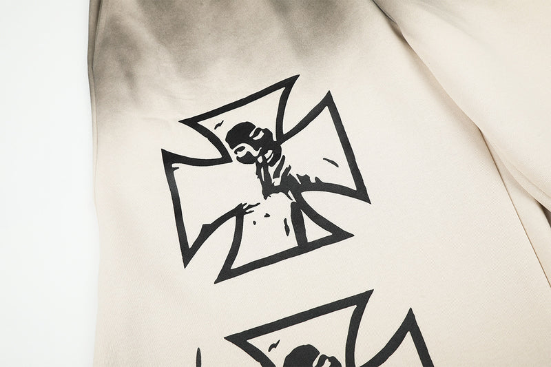 Wide-Leg Sweatpants with Iron Cross Graffiti Print – Washed Streetwear Baggy