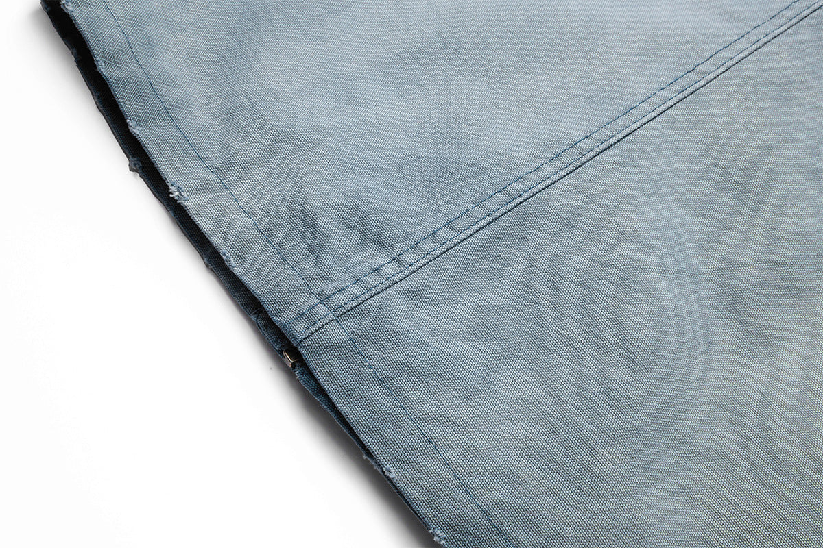 Boxy Washed Denim Workwear Jacket with Corduroy Collar & Clasp Closure