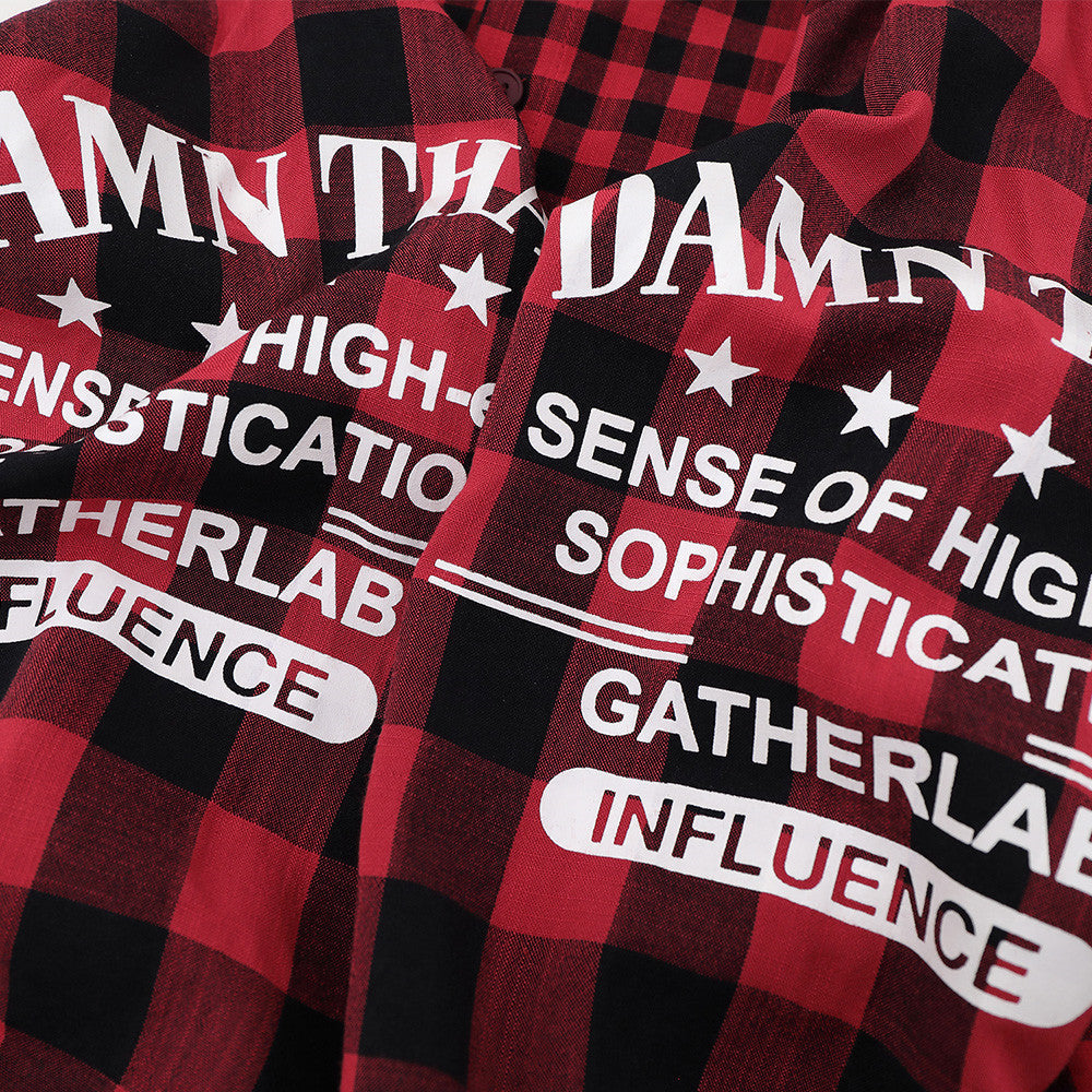 Men's Plaid Long-Sleeve Shirt – Oversized Fit with Graphic Sleeve Print