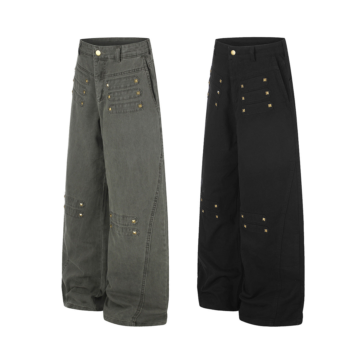 Wide-Leg Studded Denim Pants – Relaxed Fit Vintage American Street Style