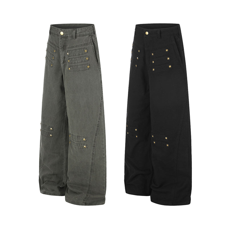 Wide-Leg Studded Denim Pants – Relaxed Fit Vintage American Street Style