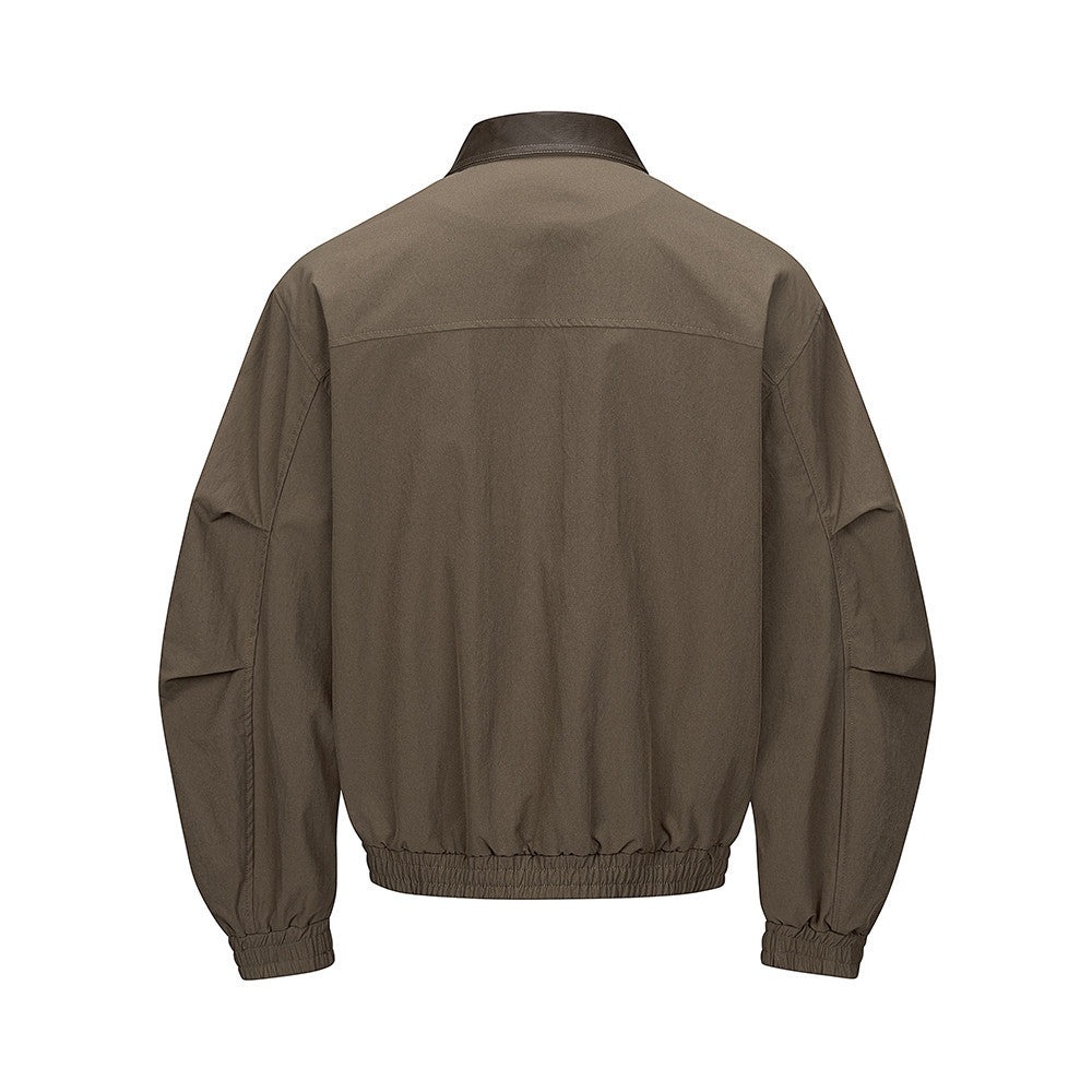 Men's Pleated Bomber Jacket with PU Leather Collar — Relaxed Fit Workwear Flight