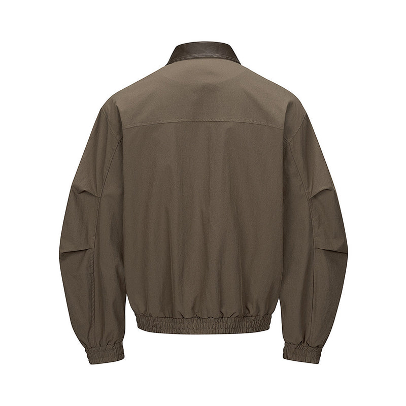 Men's Pleated Bomber Jacket with PU Leather Collar — Relaxed Fit Workwear Flight