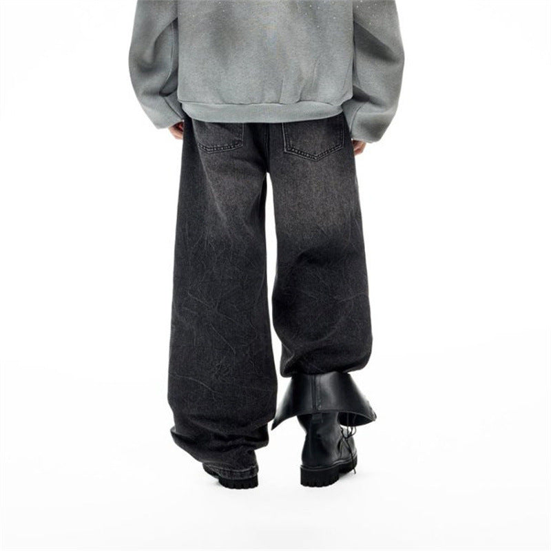 Men's Relaxed Fit Jeans – Washed Black Straight-Leg Rhinestone Star Denim