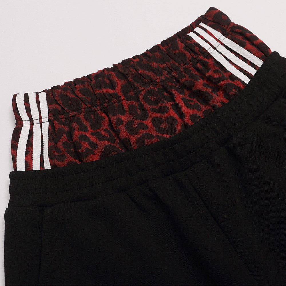 Wide-Leg Sweatpants with Leopard Print Double Waistband & Side Studs