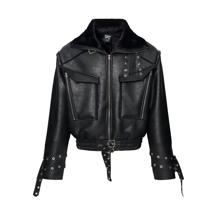 Leather Jacket with Fur Collar – Black Bomber Moto Jacket with Cargo Pockets &