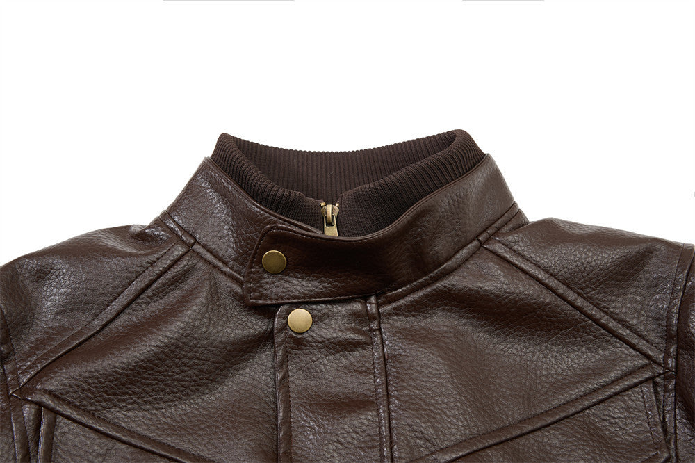 Men's Vintage Leather Bomber Jacket – Stand Collar PU Leather with Snap Buttons